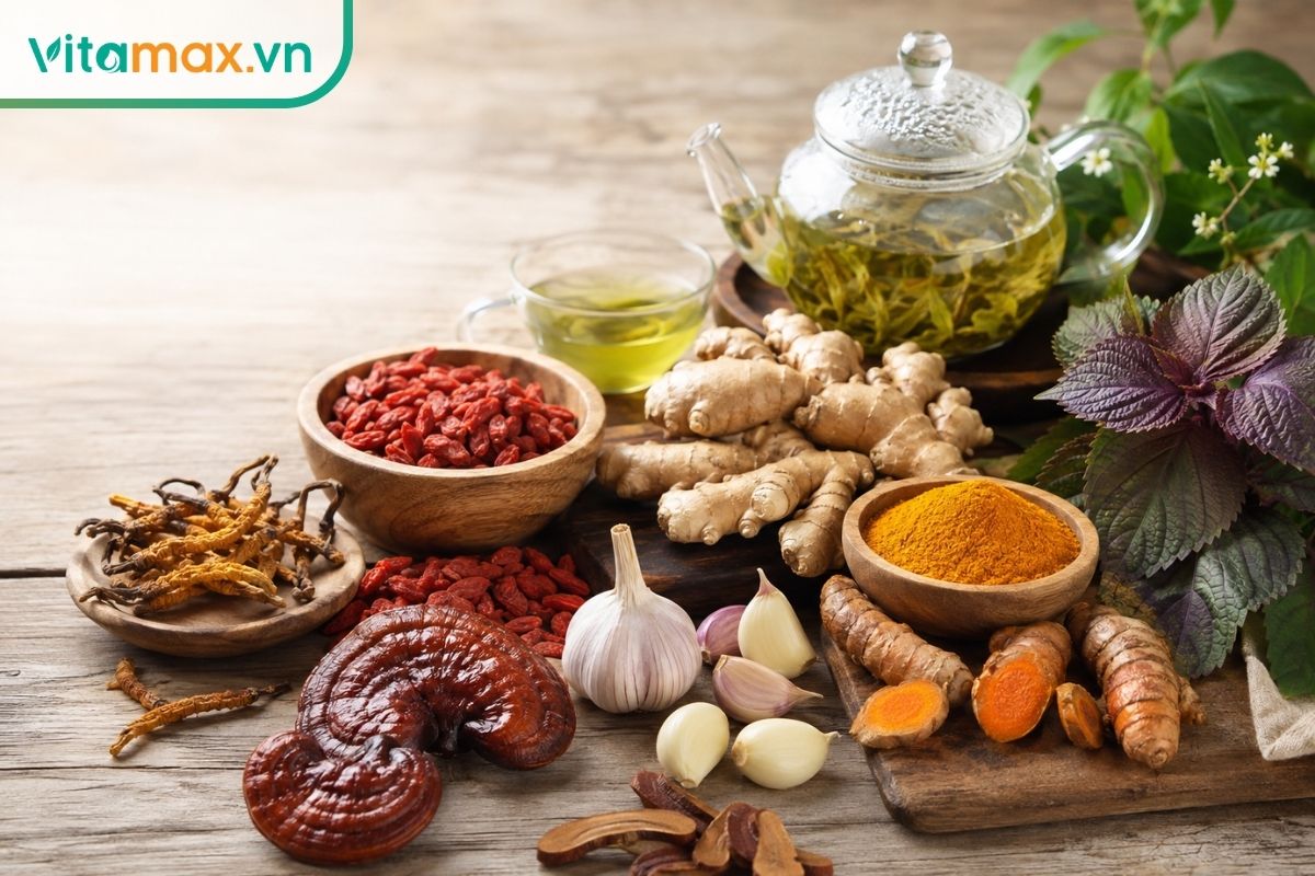 Các loại thảo dược gồm linh chi, đông trùng hạ thảo, kỷ tử, gừng, nghệ, tỏi, tía tô và trà xanh.