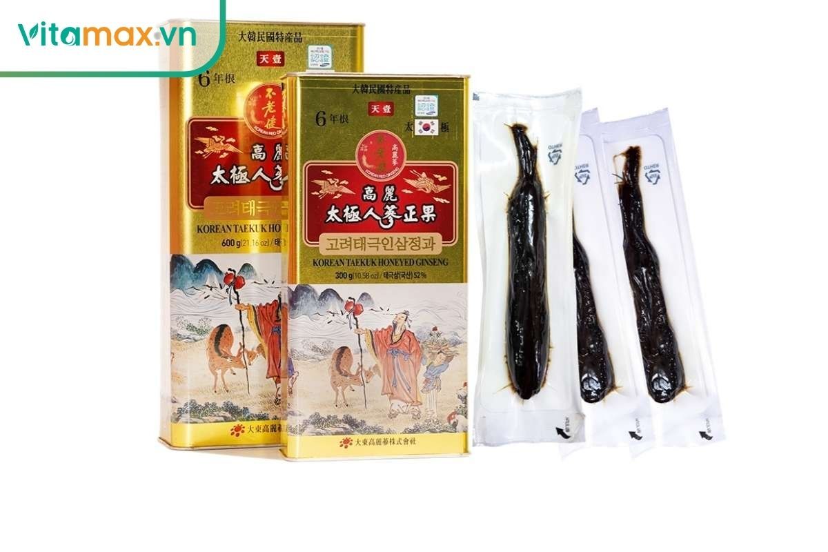 Sâm nguyên củ tẩm mật ong Hàn Quốc hộp thiếc vàng bảo quản hút chân không.
