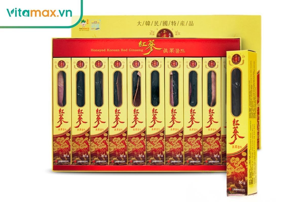 Hộp hồng sâm tẩm mật ong nguyên củ 10 củ (300g) chia từng hộp nhỏ tiện lợi.