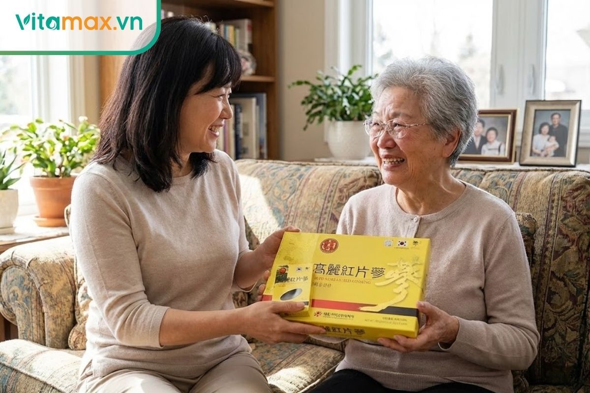 người con gái đang biếu hộp quà sức khỏe cho mẹ với nụ cười hạnh phúc