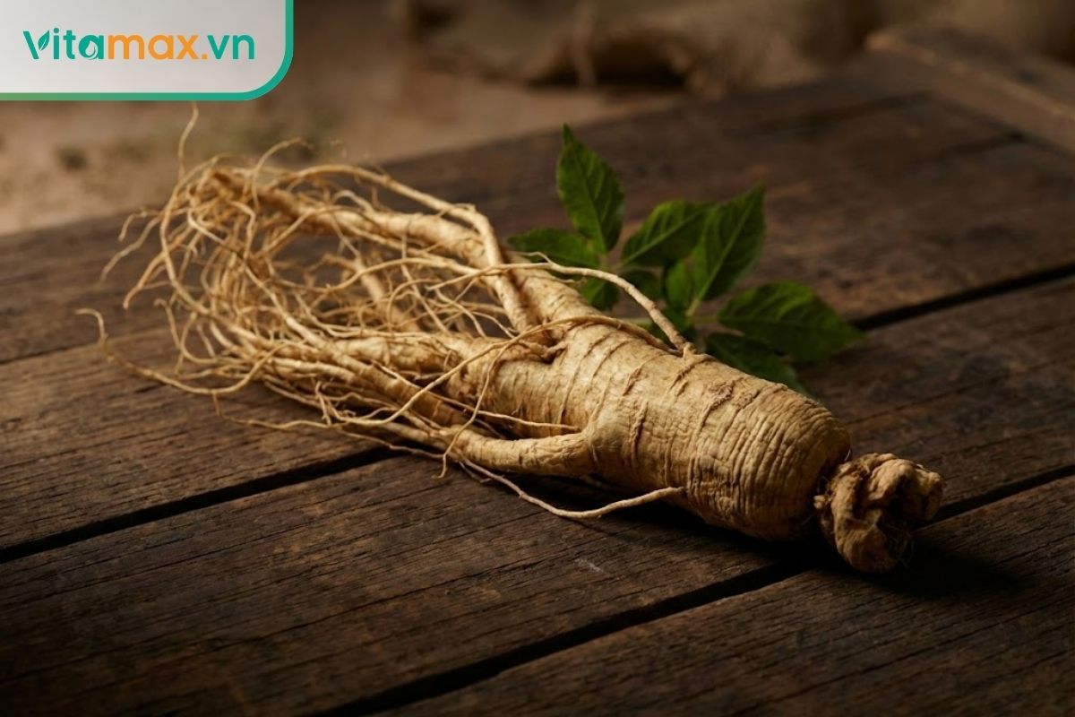 Củ nhân sâm tươi Hàn Quốc chất lượng cao trên nền gỗ, minh họa cho tác dụng của nhân sâm với nam giới.