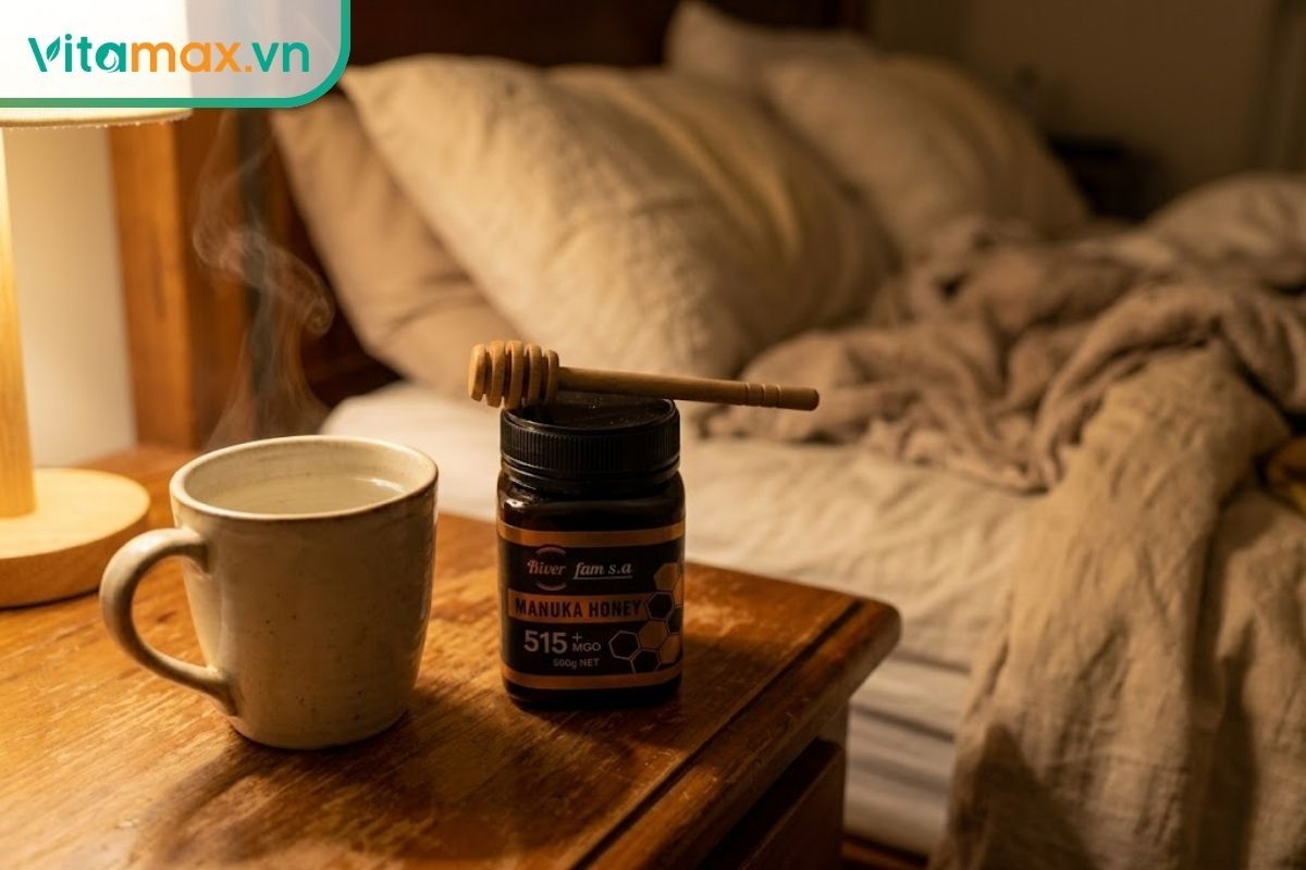 Hình ảnh một cốc nước ấm cùng hũ mật ong nguyên chất đặt trên tủ đầu giường, giải pháp tự nhiên giúp trị ngủ ngáy bằng mật ong hiệu quả.