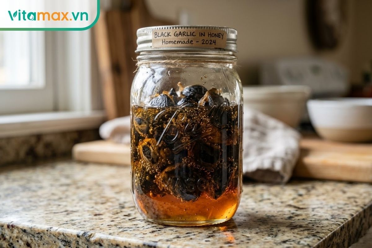 Cận cảnh hũ tỏi đen ngâm mật ong nguyên chất với các bọt khí lên men tự nhiên.