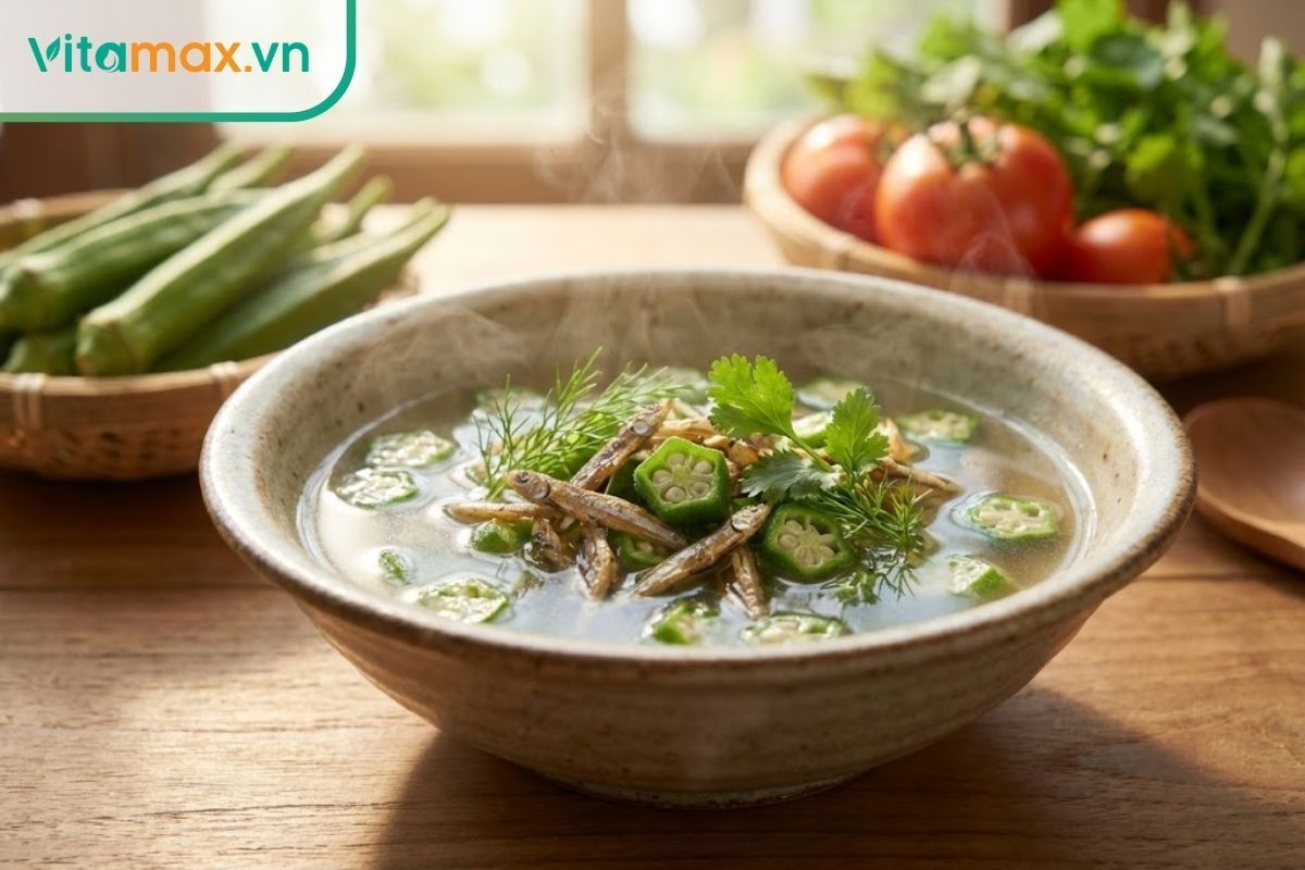 Bữa ăn dinh dưỡng cho mẹ sau sinh với đậu bắp và thực phẩm lành tính.