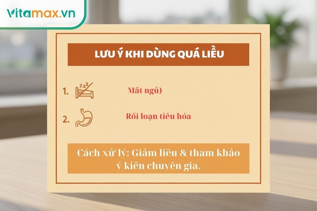 Đồ họa lưu ý các tác dụng phụ như mất ngủ, rối loạn tiêu hóa có thể xảy ra khi lạm dụng hoặc uống nước sâm quá liều.