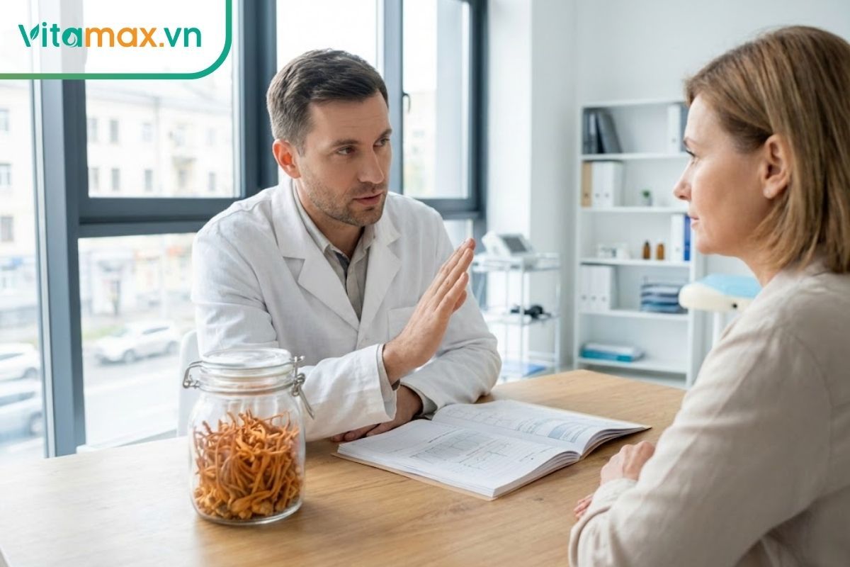 Bác sĩ đang tư vấn cho bệnh nhân về các đối tượng không nên dùng đông trùng hạ thảo và tác dụng phụ cần tránh