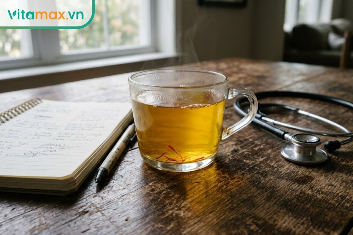 Ly trà nhụy hoa nghệ tây đặt cạnh một cuốn sổ tay y tế nhỏ, minh họa cho việc cần thận trọng trước khi sử dụng saffron.