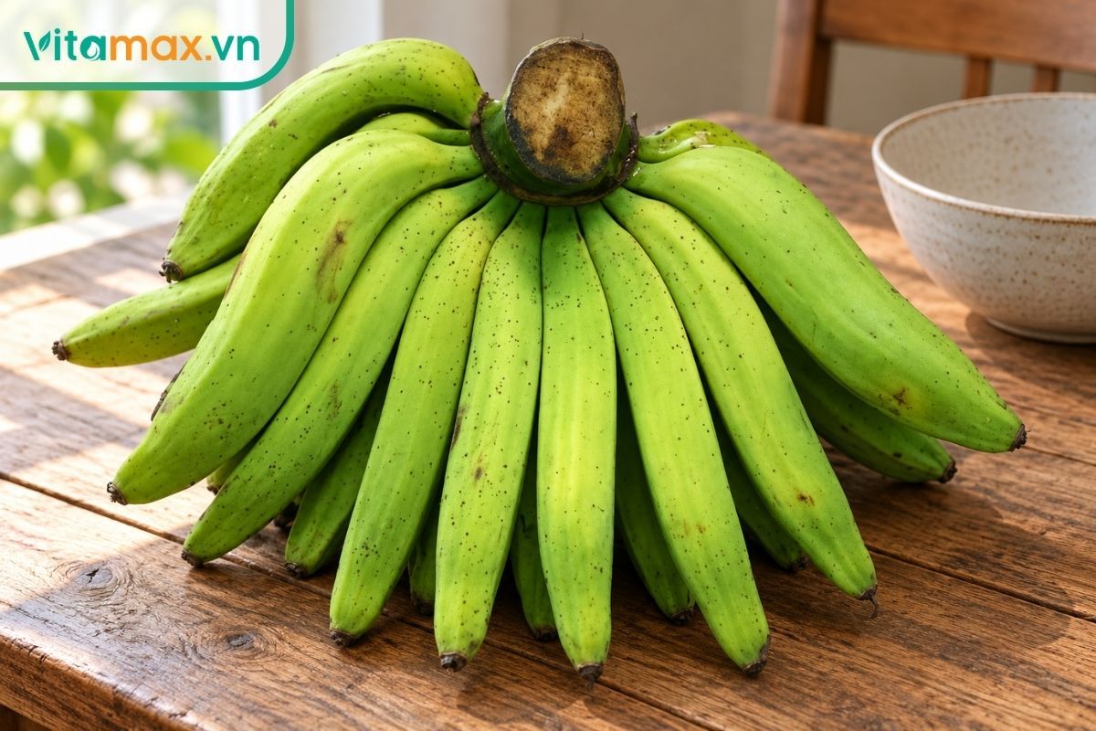Nải chuối tiêu xanh với quả dài vừa, hơi góc cạnh và có gân dọc tự nhiên, đặt trong không gian bếp gia đình sáng tự nhiên.