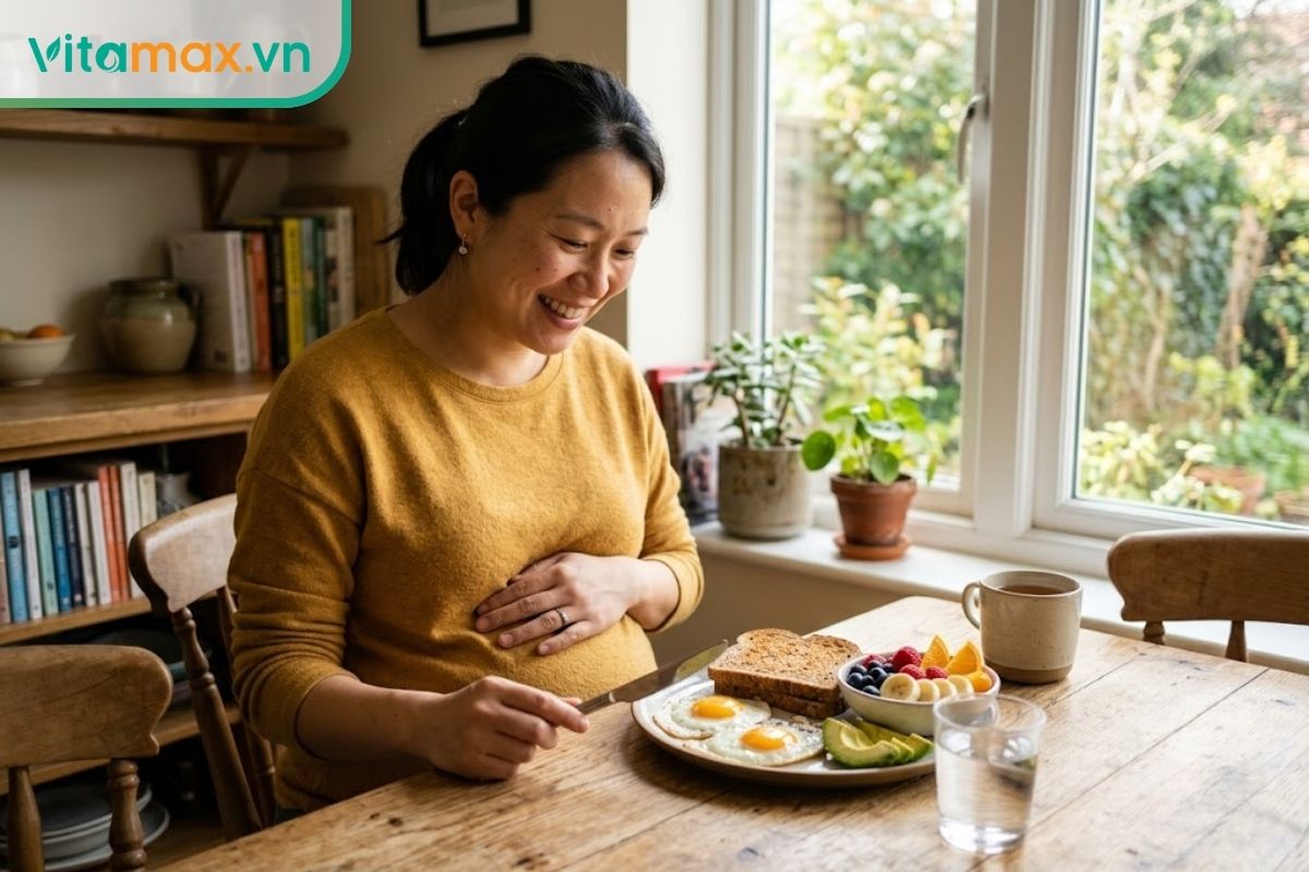 Một phụ nữ mang thai tươi tắn đang ngồi ở bàn ăn ngập nắng, chuẩn bị thưởng thức bữa sáng dinh dưỡng với bánh mì nguyên cám, trứng và trái cây tươi.