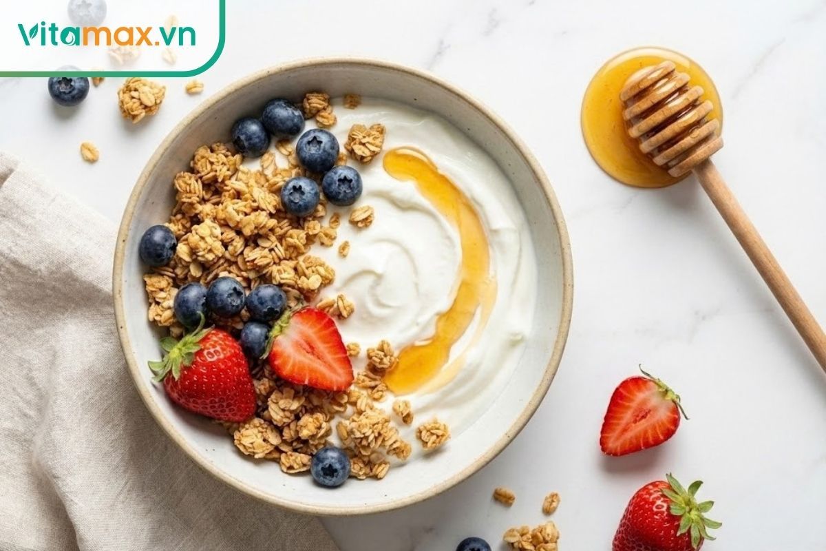 Bát sữa chua Hy Lạp trộn ngũ cốc granola và trái cây tươi được rưới mật ong Manuka lên trên.