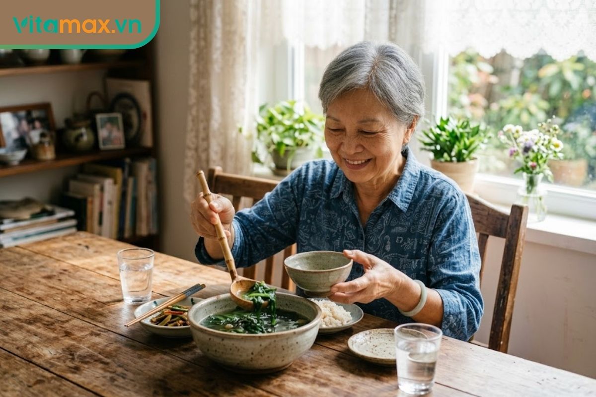 Một người phụ nữ lớn tuổi đang vui vẻ múc canh rau mồng tơi tại bàn ăn gia đình tràn ngập ánh sáng tự nhiên.