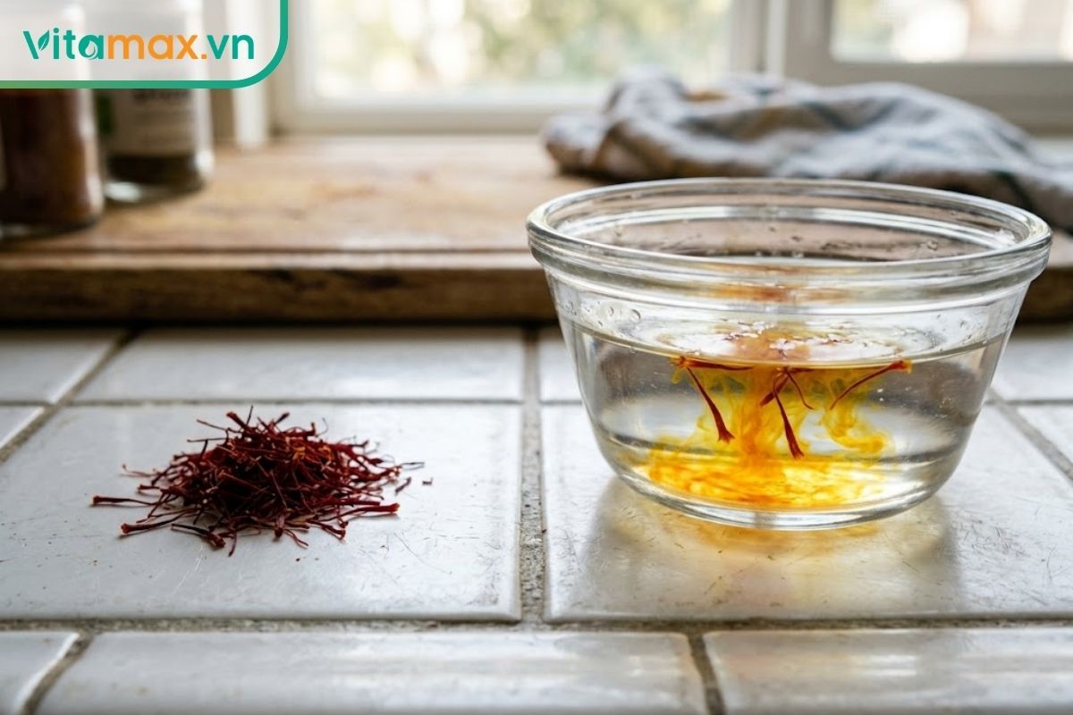Cận cảnh sợi saffron khô và sợi saffron đang ngâm trong nước ấm tiết ra màu vàng crocin tự nhiên.