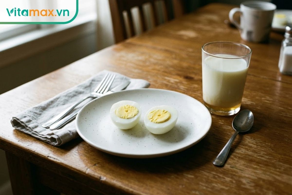 Đĩa sứ đựng hai quả trứng luộc đã được nấu chín kỹ hoàn toàn (lòng đỏ đông cứng), đặt trên bàn ăn cạnh một ly sữa pha mật ong, minh họa cho cách ăn uống an toàn.