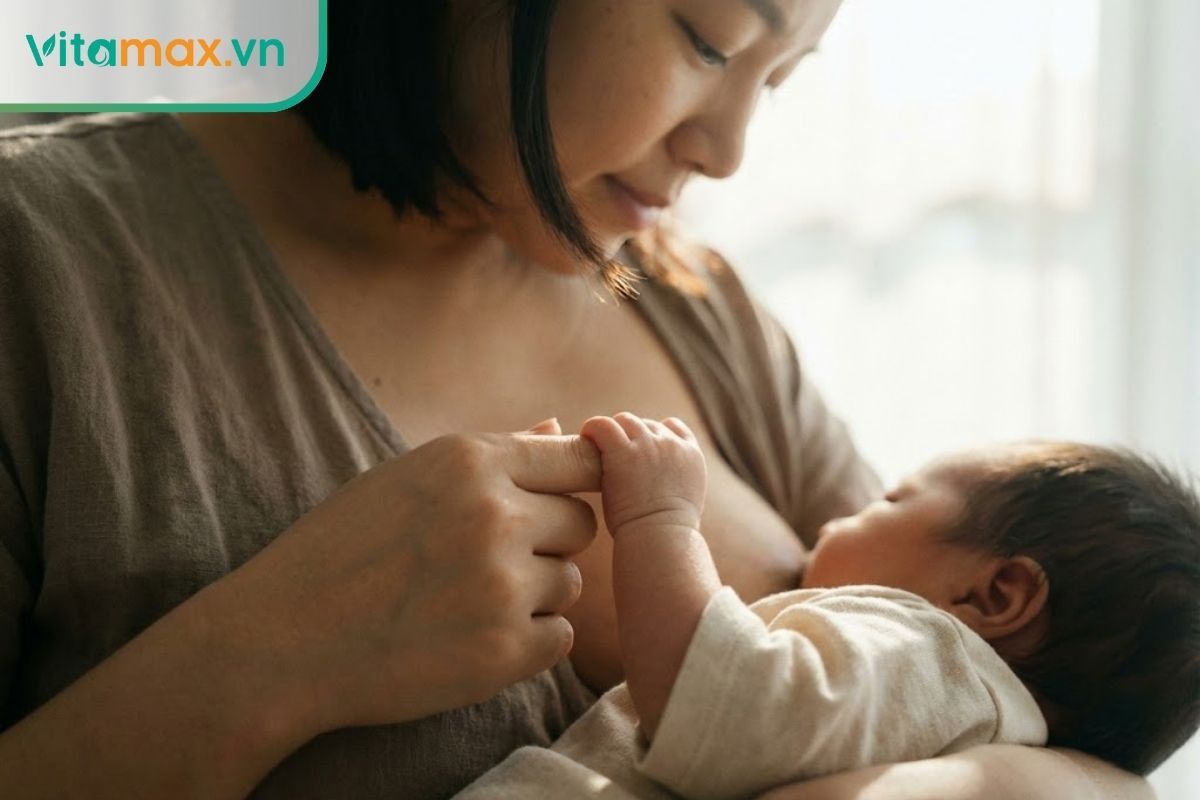 Mẹ đang cho con bú minh họa tác động của sâm đến hormone prolactin và chất lượng sữa.