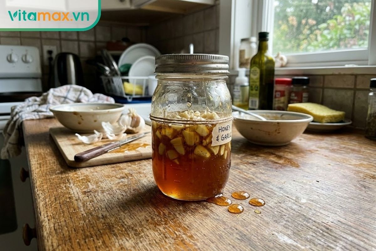 Hình ảnh hũ tỏi ngâm mật ong làm tại nhà giúp giải đáp thắc mắc bà bầu có dùng được tỏi ngâm mật ong không.