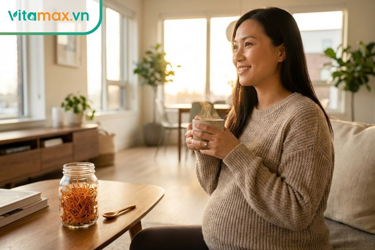 Phụ nữ mang thai đang cầm tách trà thảo dược đông trùng hạ thảo với vẻ mặt thư thái và hạnh phúc.