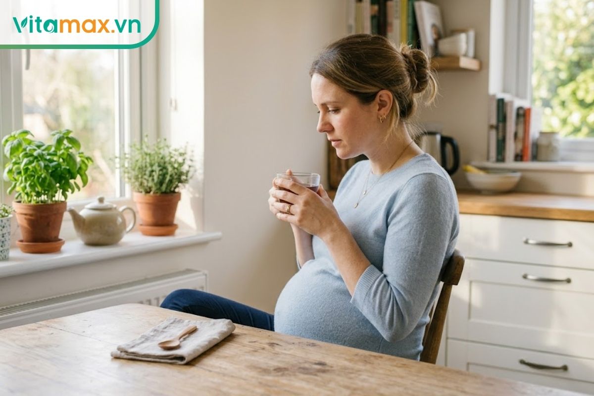 Phụ nữ mang thai mặc đồ mặc nhà đang ngồi ở bàn ăn, tay cầm cốc thủy tinh đựng nước thảo dược màu nâu sẫm, nét mặt băn khoăn suy nghĩ.