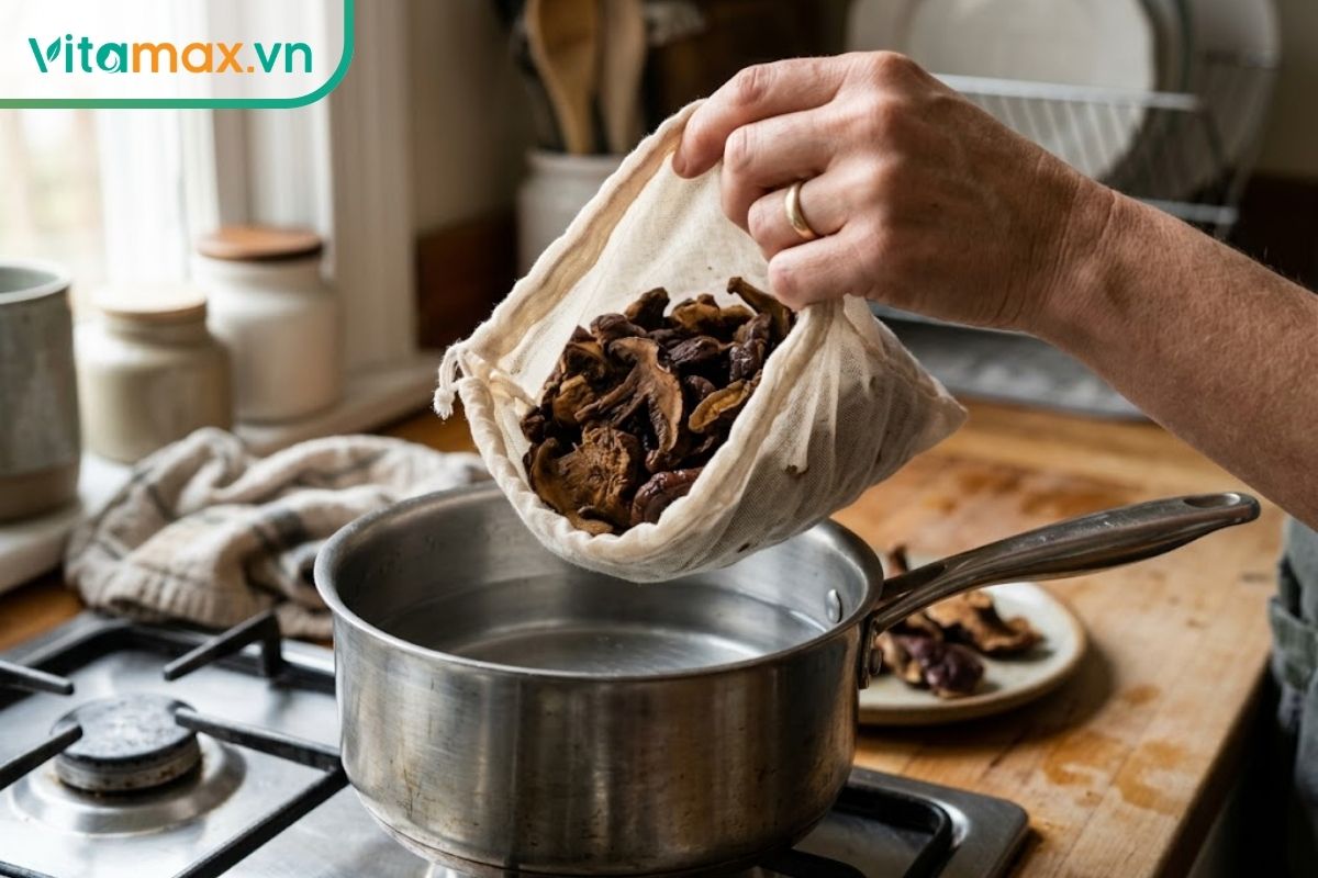 Bã nấm linh chi sau khi sắc được cho vào túi vải và đun lại trong nồi để chuẩn bị nước tắm hoặc gội.
