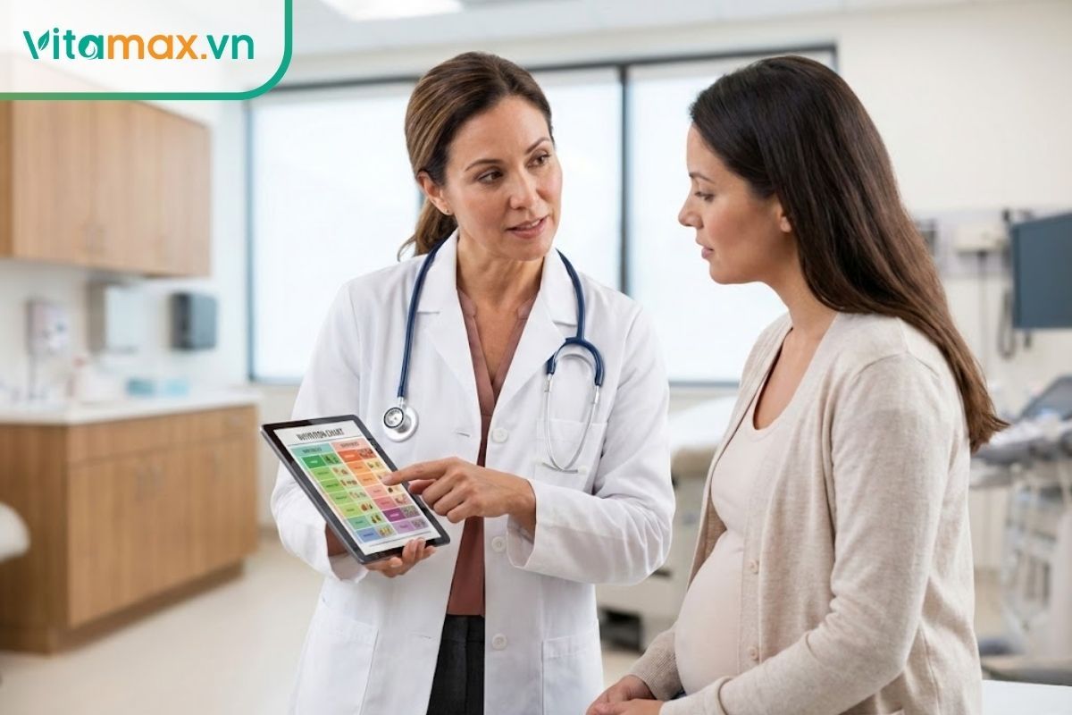Bác sĩ chuyên khoa đang tư vấn dinh dưỡng và chế độ ăn uống cho phụ nữ mang thai tại phòng khám.