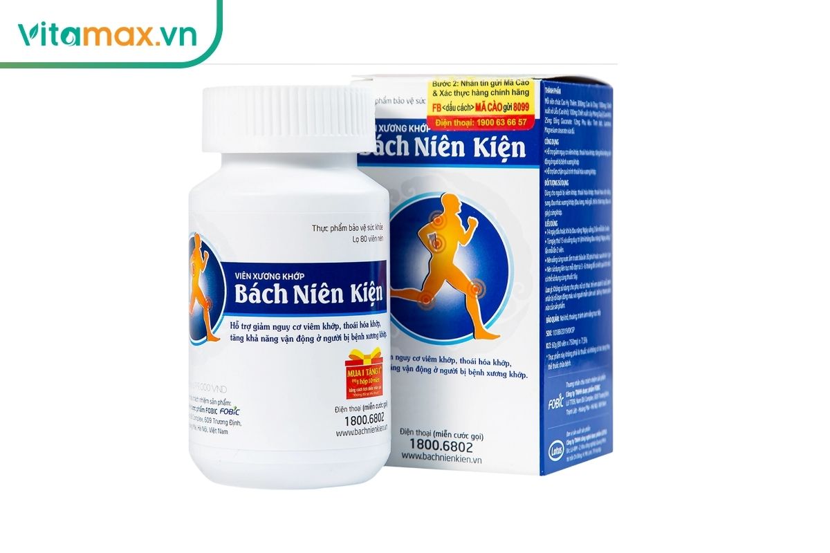 Lọ và hộp viên xương khớp Bách Niên Kiện Lotus màu trắng xanh, đặt trên nền trắng với nhãn sản phẩm nhìn rõ.