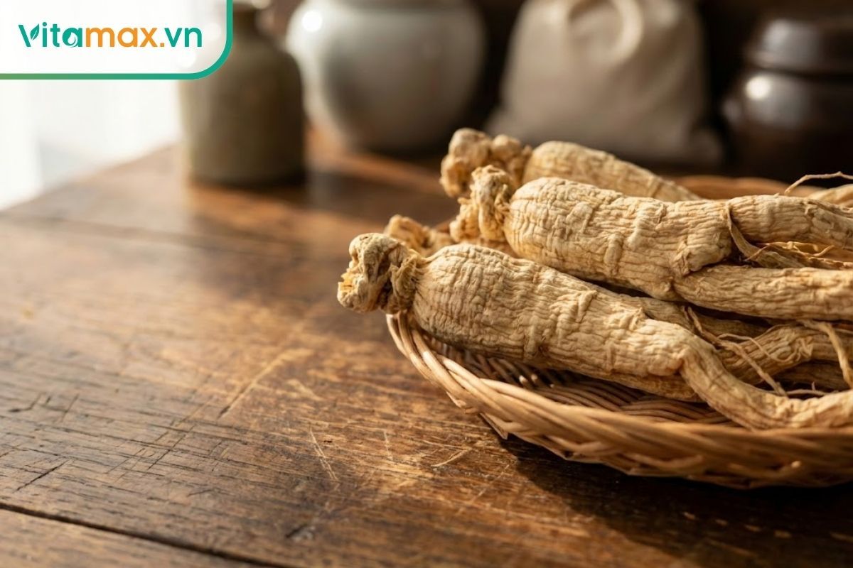 Củ bạch sâm Hàn Quốc khô nguyên chất đặt trên nền gỗ, thể hiện hình dáng tự nhiên và màu sắc đặc trưng.