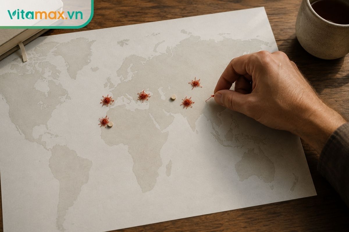 Bản đồ minh họa các vùng trồng saffron nổi bật như Iran, Kashmir, Tây Ban Nha, Hy Lạp và Afghanistan.