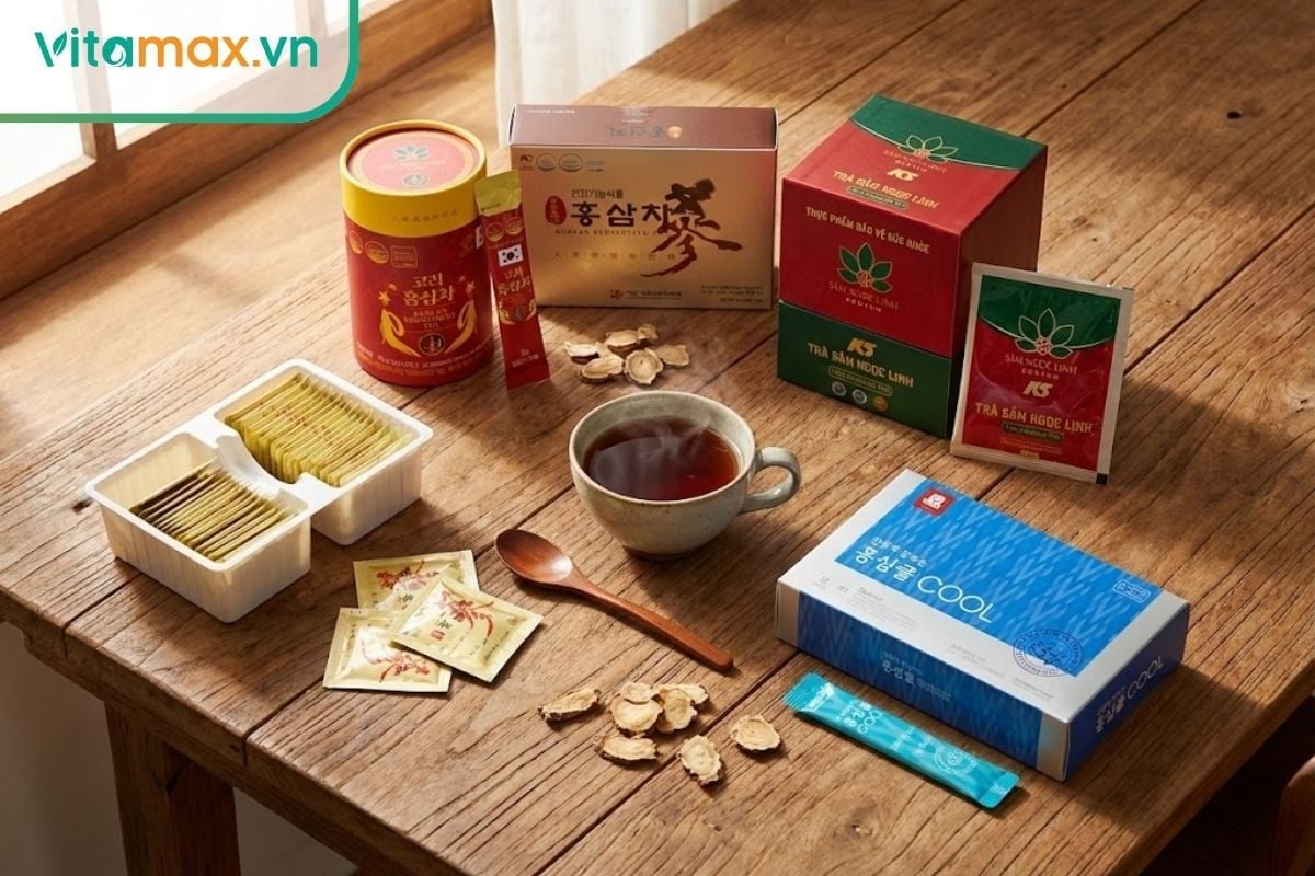 các hộp trà hồng sâm hàn quốc chính hãng daedong và kgc được sắp xếp đẹp mắt
