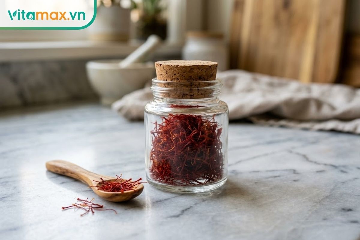Lọ thủy tinh nhỏ có nắp đậy kín chứa những sợi saffron chất lượng cao được đặt trên bàn.