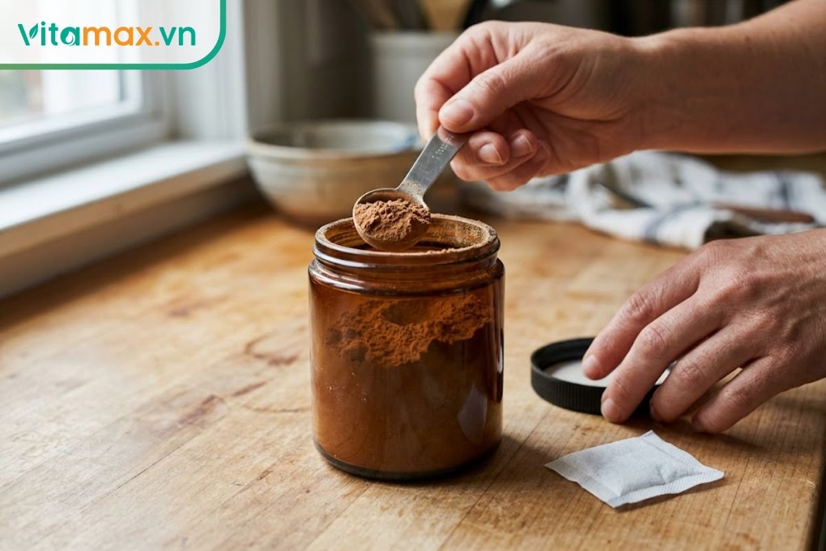 Bột nấm linh chi được đựng trong hũ thủy tinh màu kín khí, bên cạnh là thìa sạch khô và gói hút ẩm.