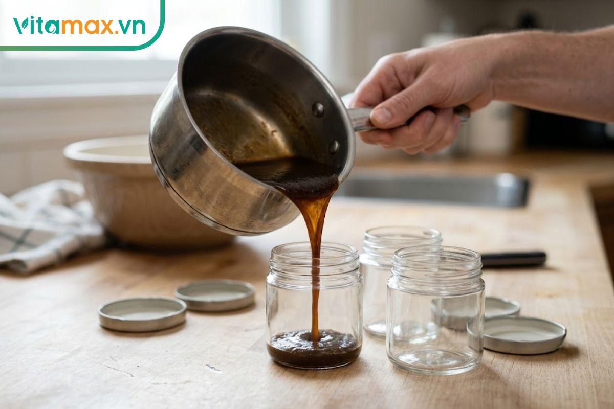 Cao linh chi màu nâu sẫm được chia vào các hũ thủy tinh nhỏ sạch và khô trước khi đậy kín để bảo quản lạnh.