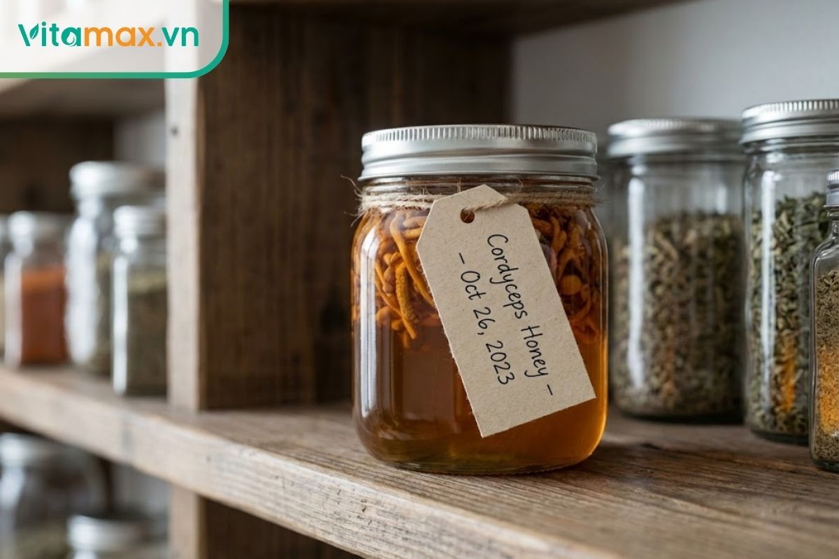 Hũ đông trùng hạ thảo ngâm mật ong được đậy kín nắp và đặt trên kệ gỗ thoáng mát.