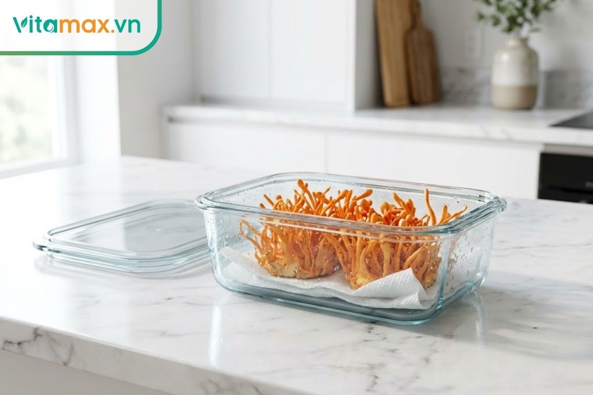 Hộp thủy tinh nắp kín chứa đông trùng hạ thảo tươi đặt trên bàn bếp sạch sẽ, chuẩn bị cất vào tủ lạnh.