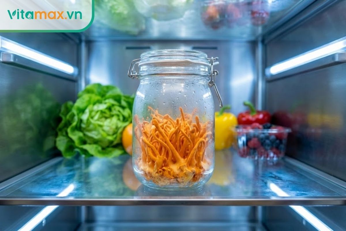 Hộp thủy tinh kín chứa đông trùng hạ thảo tươi được đặt gọn gàng trong ngăn mát tủ lạnh ở nhiệt độ 2-4 độ C.