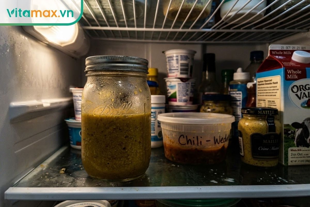 Hũ thủy tinh chứa hỗn hợp gừng tỏi mật ong giấm táo được đậy kín và bảo quản an toàn trong ngăn mát tủ lạnh.