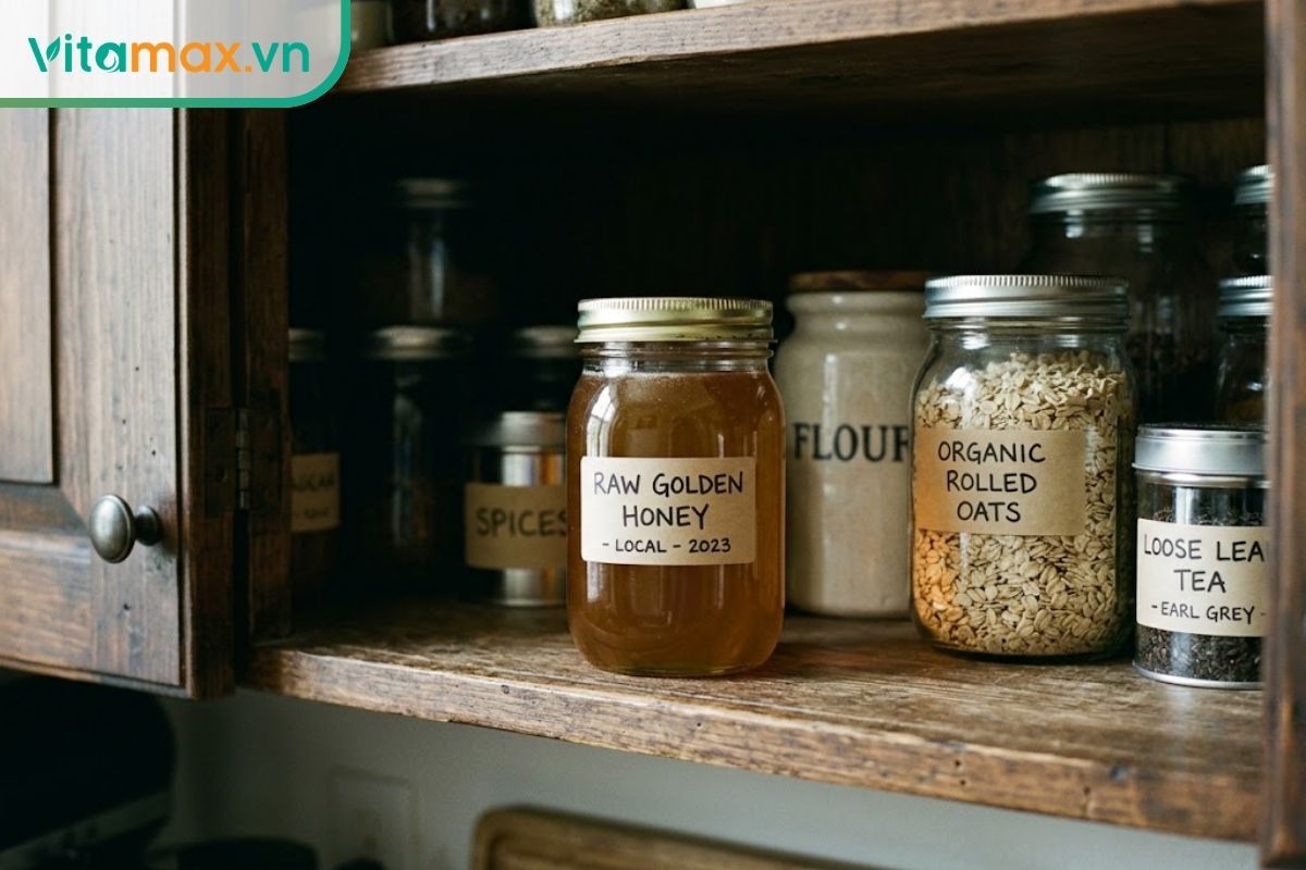 Một hũ mật ong thủy tinh được đặt gọn gàng trên kệ tủ bếp bằng gỗ cùng với các lọ hạt khô, ở nhiệt độ phòng và không có ánh nắng trực tiếp.
