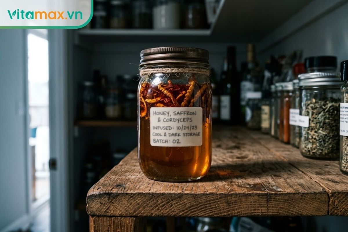 Một hũ thủy tinh chứa mật ong ngâm saffron và đông trùng hạ thảo được dán nhãn ghi tay ngày tháng, đặt tĩnh lặng trên kệ gỗ mộc mạc trong không gian tủ bếp tối, mát mẻ.