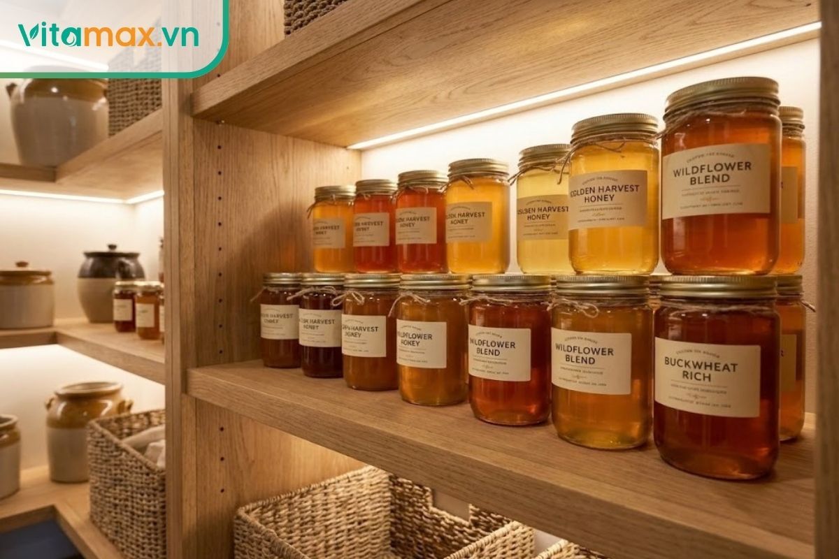 Các hũ mật ong thủy tinh được đậy kín nắp, đặt trên kệ gỗ khô thoáng để bảo quản chất lượng tốt nhất.