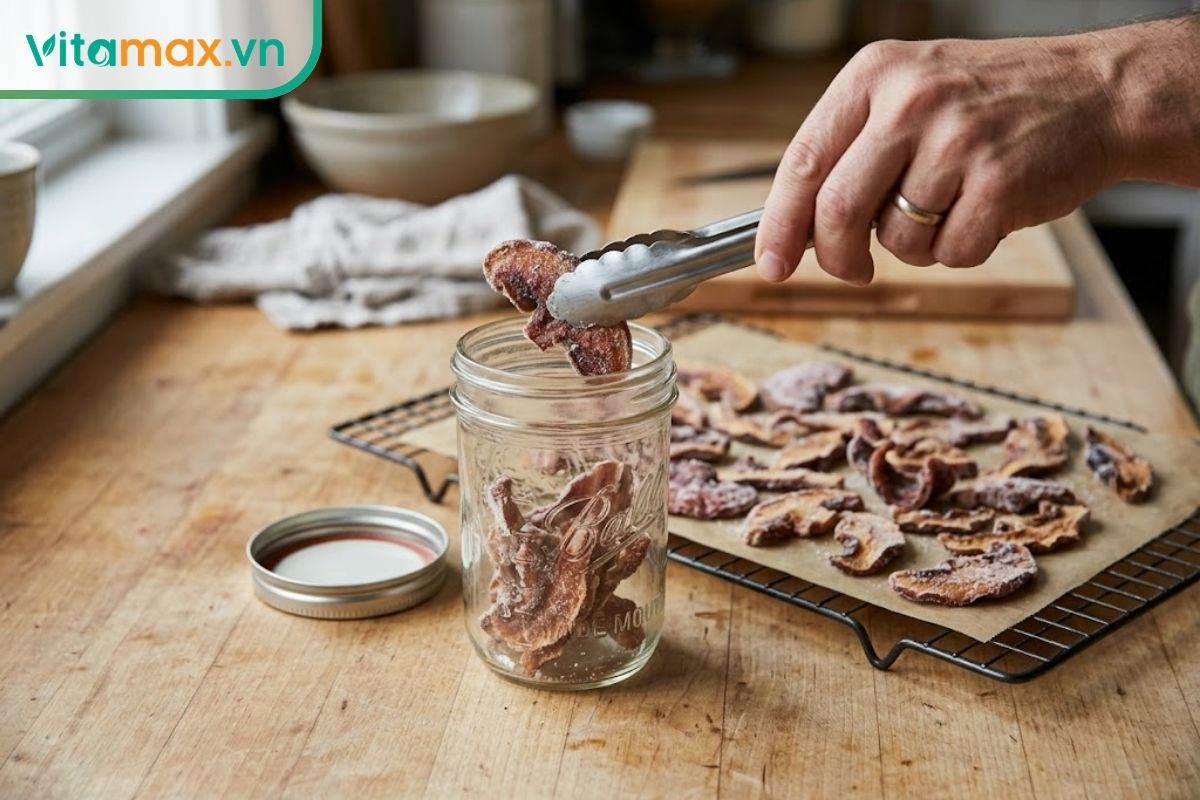 Các lát mứt nấm linh chi đã làm khô và nguội được cho vào hũ thủy tinh kín để hạn chế hút ẩm trở lại.