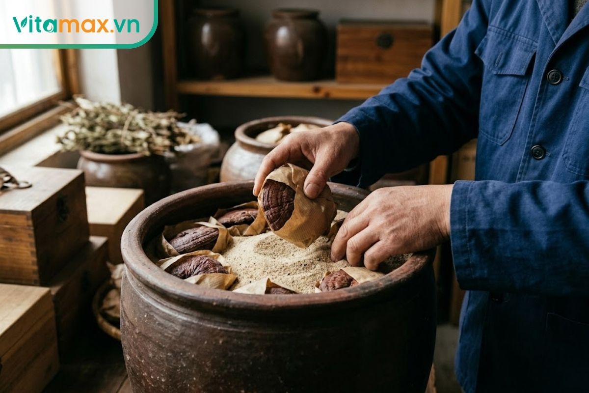 Nấm linh chi khô bọc giấy được xếp xen kẽ giữa các lớp cát khô trong chum sành dùng cho kỹ thuật sa tàng.