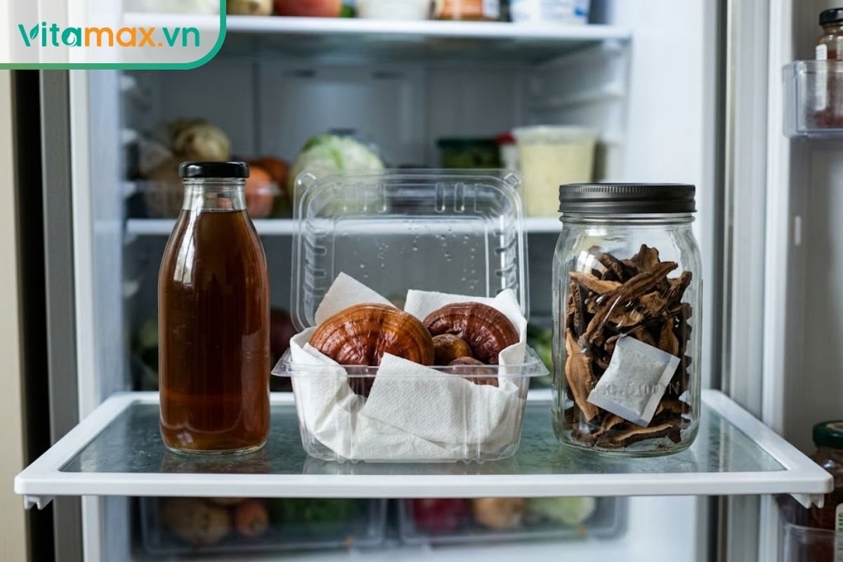 Nấm linh chi tươi bọc giấy, nấm khô trong hũ kín và nước linh chi đựng chai thủy tinh được bảo quản riêng.