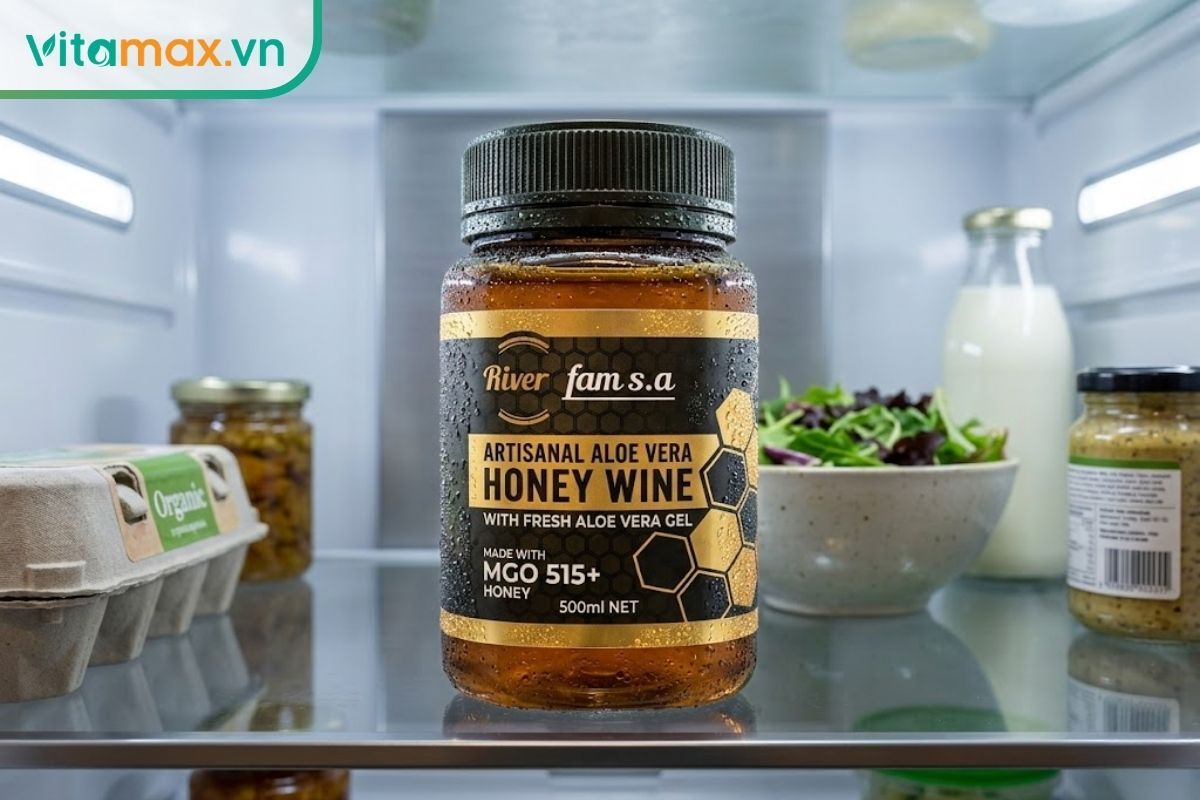 Hũ nha đam mật ong rượu được đậy kín nắp, chừa lại khoảng trống an toàn và bảo quản trong ngăn mát tủ lạnh.