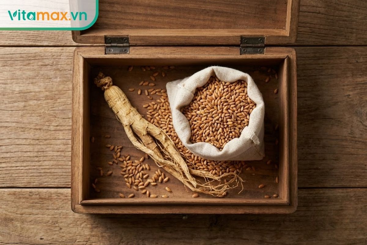 Túi vải chứa gạo rang vàng đặt cạnh củ sâm trong hộp kín giúp hút ẩm tự nhiên và an toàn.