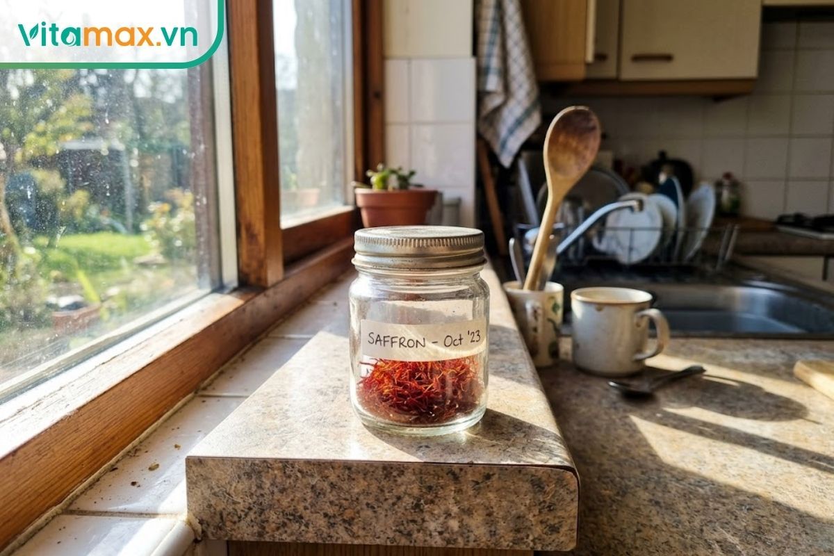 Hũ thủy tinh trong suốt đựng saffron đặt gần cửa sổ đầy nắng chiếu trực tiếp.