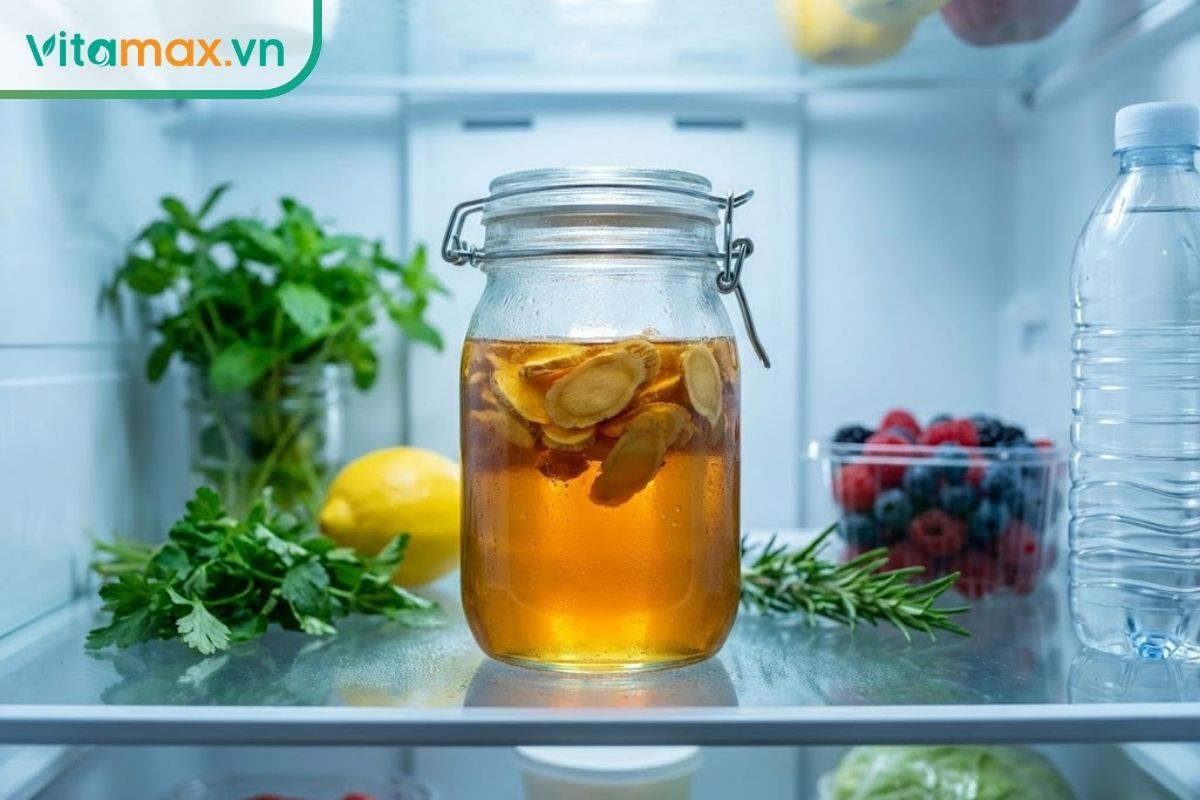 ũ sâm ngâm mật ong đậy kín nắp được đặt gọn gàng trong ngăn mát tủ lạnh hiện đại để ức chế lên men.