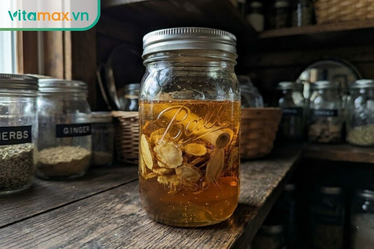 Hũ sâm tươi ngâm mật ong được dùng nẹp tre ép chìm hoàn toàn các lát sâm xuống dưới mặt mật.