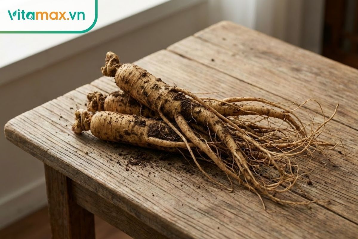 Những củ sâm tươi Hàn Quốc đặt trên bàn gỗ chuẩn bị được bảo quản.