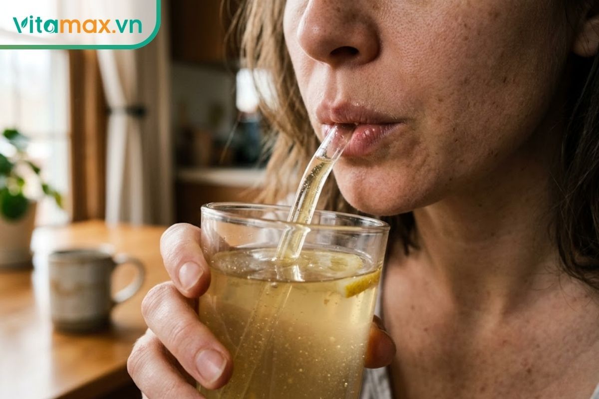 Một người đang dùng ống hút thủy tinh để uống nước chanh mật ong nhằm hạn chế axit từ chanh tiếp xúc trực tiếp làm mòn men răng.
