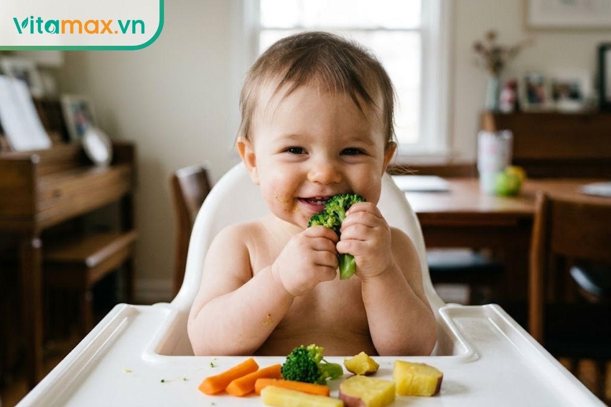 Một em bé khoảng 1 tuổi đang ngồi trên ghế ăn dặm, tay cầm một miếng súp lơ xanh luộc đưa lên miệng, trên khay ăn có thêm cà rốt và bí đỏ luộc mềm.