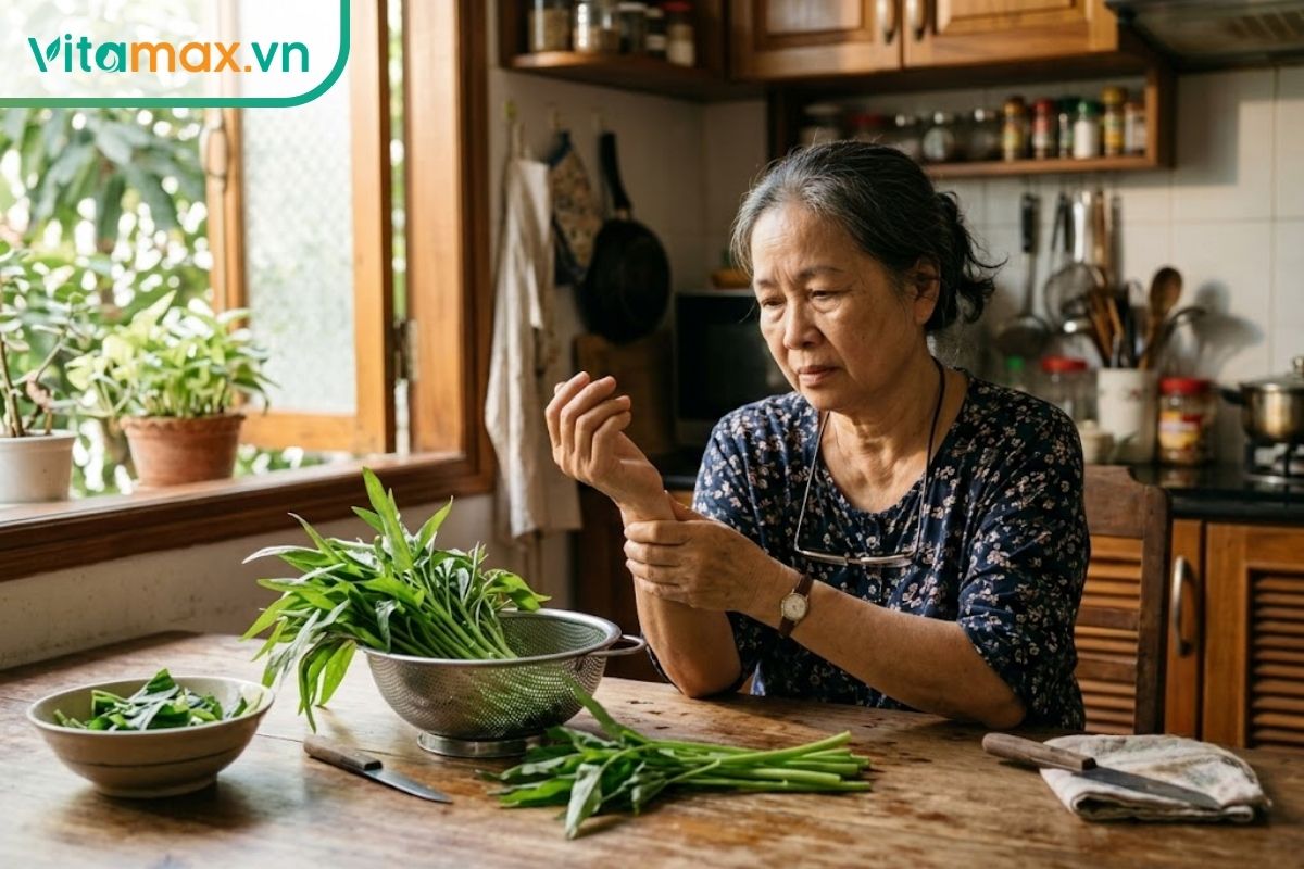 Một người phụ nữ lớn tuổi đang ngồi nhặt rau muống trong bếp, tay kia khẽ xoa nhẹ lên khớp gối thể hiện sự lo lắng về tình trạng đau nhức xương khớp.