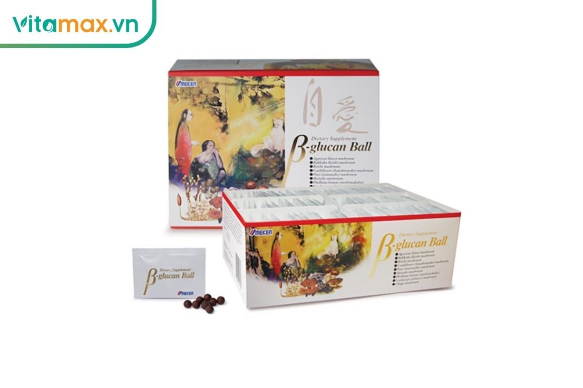 Hộp Beta Glucan Ball cùng gói viên hoàn nhỏ, minh họa thực phẩm bổ sung từ nhiều loại nấm hỗ trợ sức đề kháng